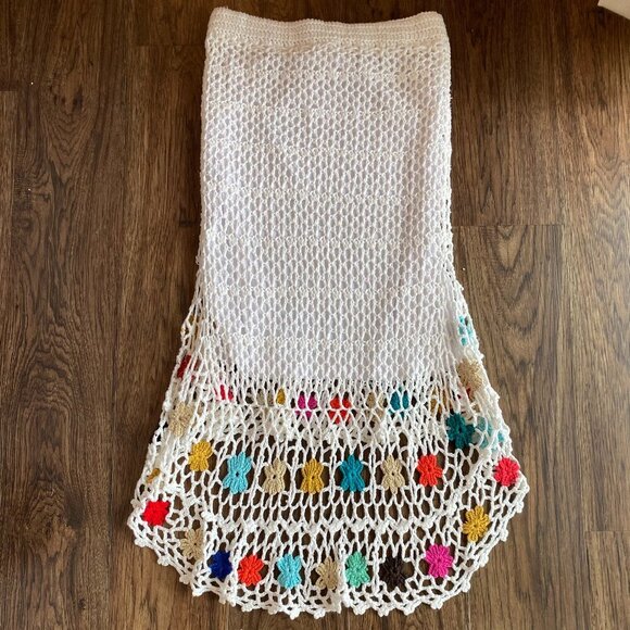 Crocheted high-low white mermaid midi skirt Women's Small festival boho 70s - Picture 6 of 8
